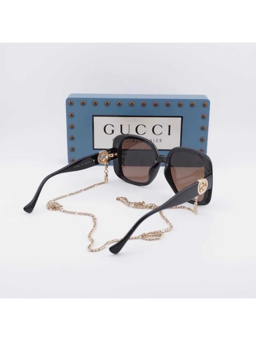 Gucci GG1029SA 005 Square Sunglasses - Black with Gold Chain\Brown